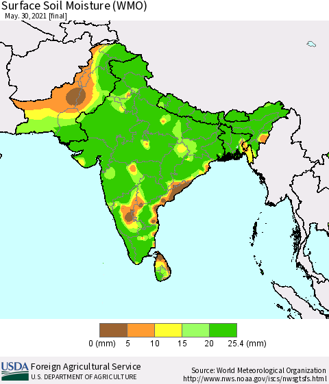Southern Asia Surface Soil Moisture (WMO) Thematic Map For 5/24/2021 - 5/30/2021