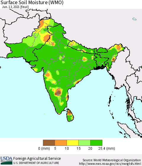 Southern Asia Surface Soil Moisture (WMO) Thematic Map For 6/7/2021 - 6/13/2021
