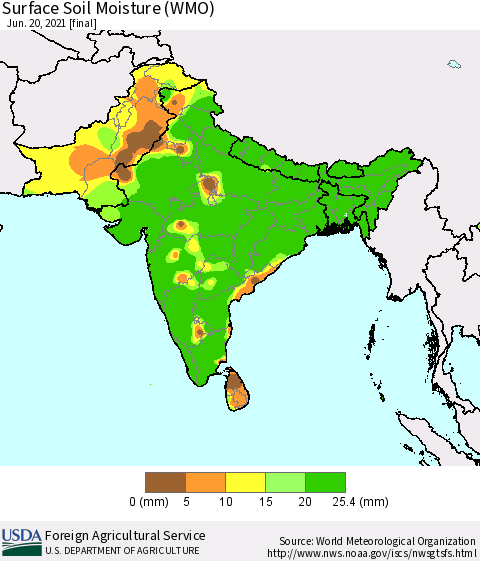 Southern Asia Surface Soil Moisture (WMO) Thematic Map For 6/14/2021 - 6/20/2021