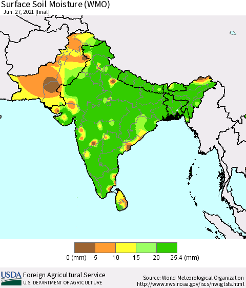 Southern Asia Surface Soil Moisture (WMO) Thematic Map For 6/21/2021 - 6/27/2021