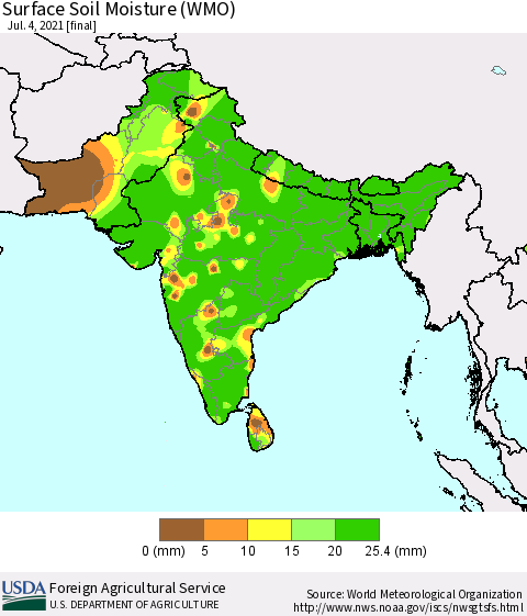 Southern Asia Surface Soil Moisture (WMO) Thematic Map For 6/28/2021 - 7/4/2021