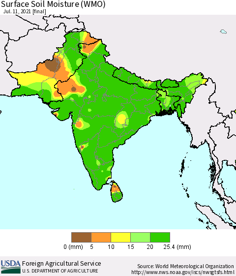 Southern Asia Surface Soil Moisture (WMO) Thematic Map For 7/5/2021 - 7/11/2021