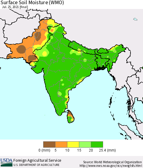Southern Asia Surface Soil Moisture (WMO) Thematic Map For 7/19/2021 - 7/25/2021
