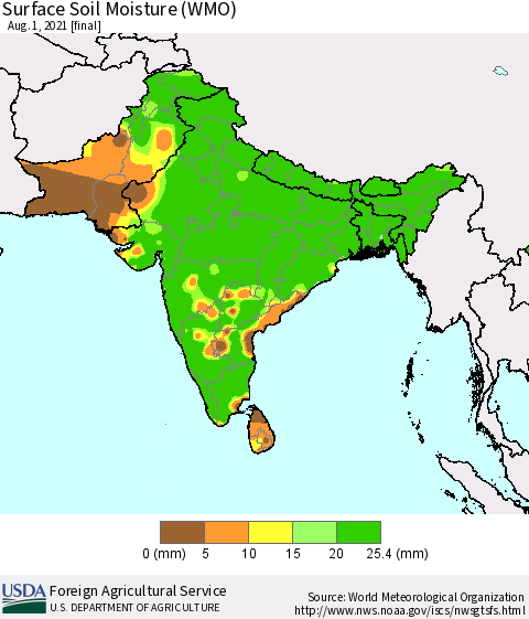 Southern Asia Surface Soil Moisture (WMO) Thematic Map For 7/26/2021 - 8/1/2021