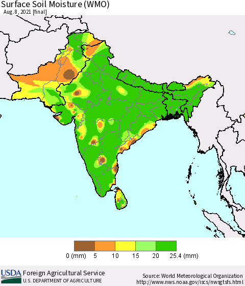 Southern Asia Surface Soil Moisture (WMO) Thematic Map For 8/2/2021 - 8/8/2021