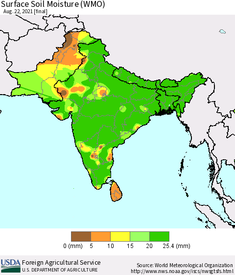 Southern Asia Surface Soil Moisture (WMO) Thematic Map For 8/16/2021 - 8/22/2021