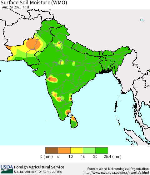 Southern Asia Surface Soil Moisture (WMO) Thematic Map For 8/23/2021 - 8/29/2021