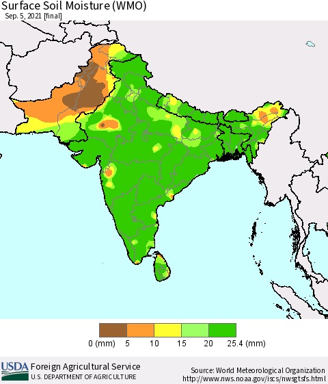 Southern Asia Surface Soil Moisture (WMO) Thematic Map For 8/30/2021 - 9/5/2021