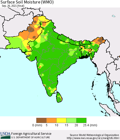 Southern Asia Surface Soil Moisture (WMO) Thematic Map For 9/20/2021 - 9/26/2021