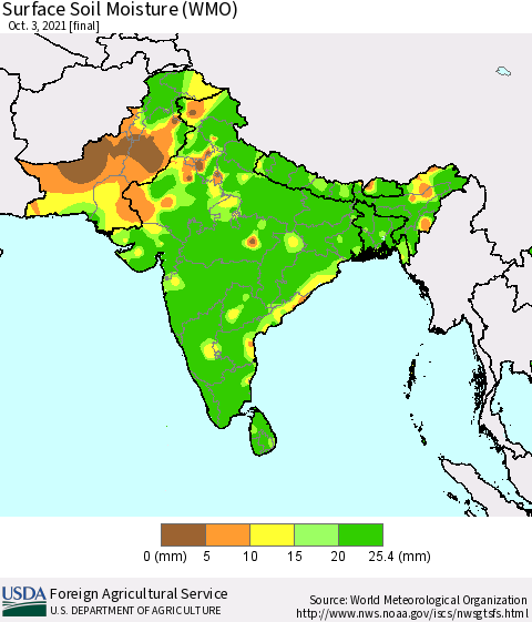 Southern Asia Surface Soil Moisture (WMO) Thematic Map For 9/27/2021 - 10/3/2021