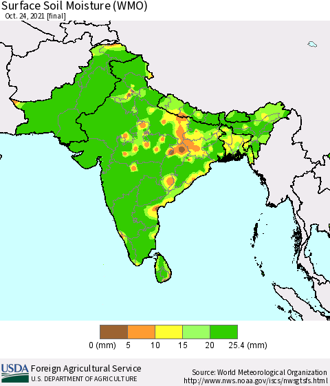 Southern Asia Surface Soil Moisture (WMO) Thematic Map For 10/18/2021 - 10/24/2021