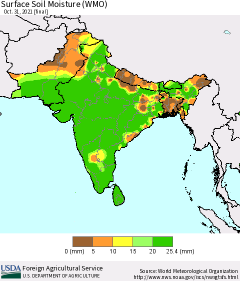 Southern Asia Surface Soil Moisture (WMO) Thematic Map For 10/25/2021 - 10/31/2021