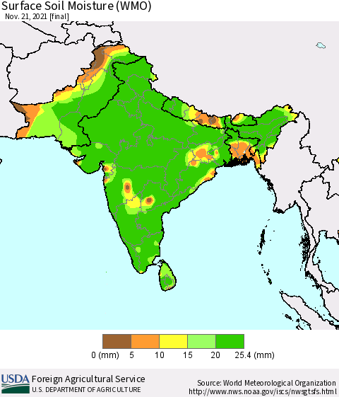 Southern Asia Surface Soil Moisture (WMO) Thematic Map For 11/15/2021 - 11/21/2021