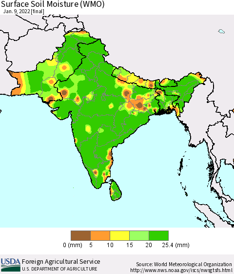 Southern Asia Surface Soil Moisture (WMO) Thematic Map For 1/3/2022 - 1/9/2022