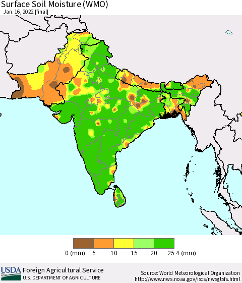 Southern Asia Surface Soil Moisture (WMO) Thematic Map For 1/10/2022 - 1/16/2022
