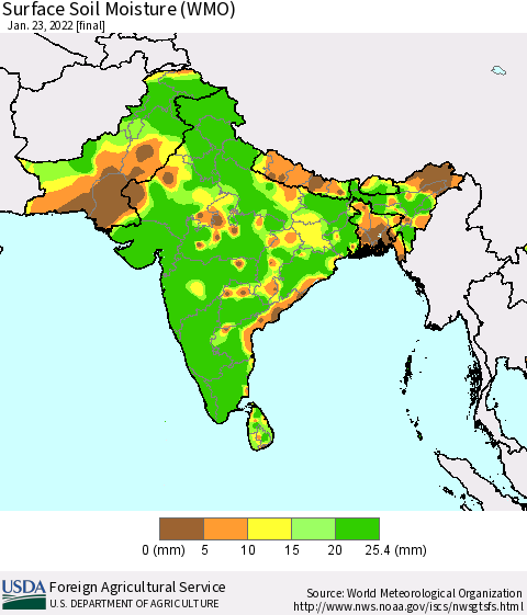 Southern Asia Surface Soil Moisture (WMO) Thematic Map For 1/17/2022 - 1/23/2022