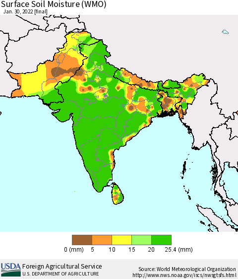Southern Asia Surface Soil Moisture (WMO) Thematic Map For 1/24/2022 - 1/30/2022