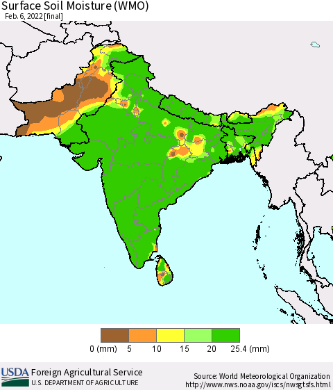 Southern Asia Surface Soil Moisture (WMO) Thematic Map For 1/31/2022 - 2/6/2022