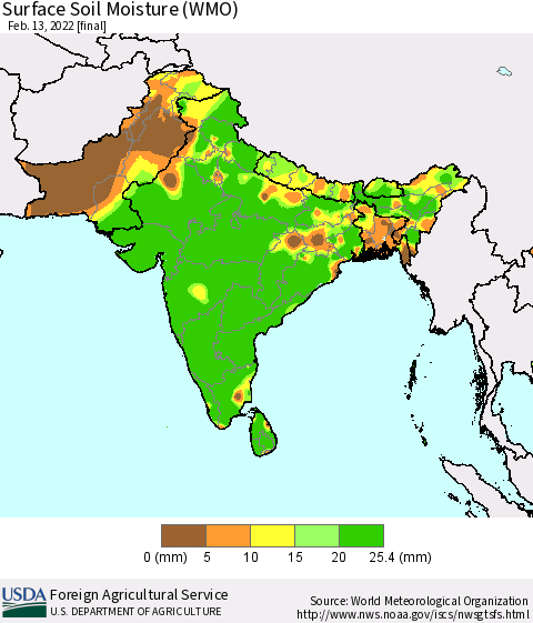 Southern Asia Surface Soil Moisture (WMO) Thematic Map For 2/7/2022 - 2/13/2022