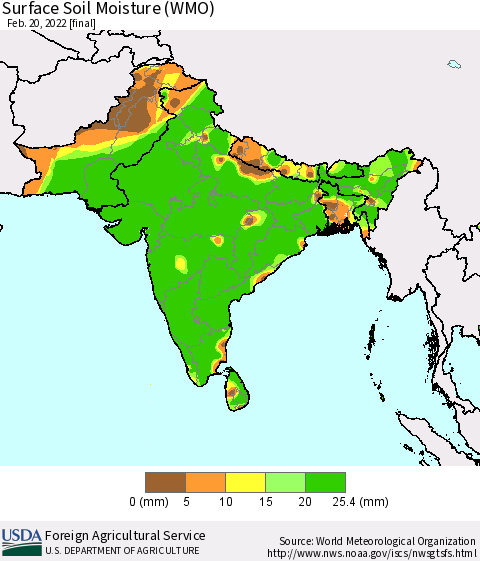 Southern Asia Surface Soil Moisture (WMO) Thematic Map For 2/14/2022 - 2/20/2022