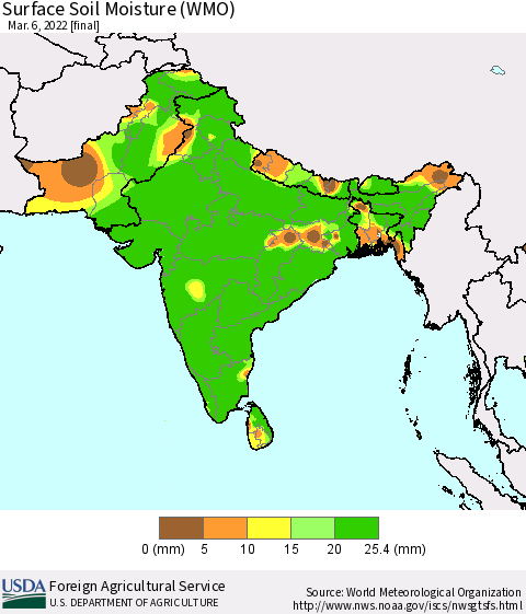 Southern Asia Surface Soil Moisture (WMO) Thematic Map For 2/28/2022 - 3/6/2022