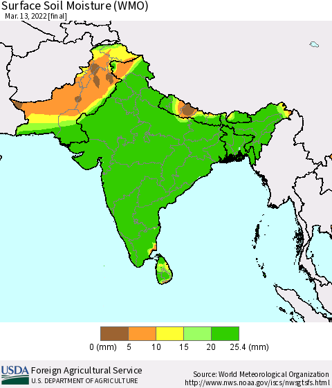 Southern Asia Surface Soil Moisture (WMO) Thematic Map For 3/7/2022 - 3/13/2022