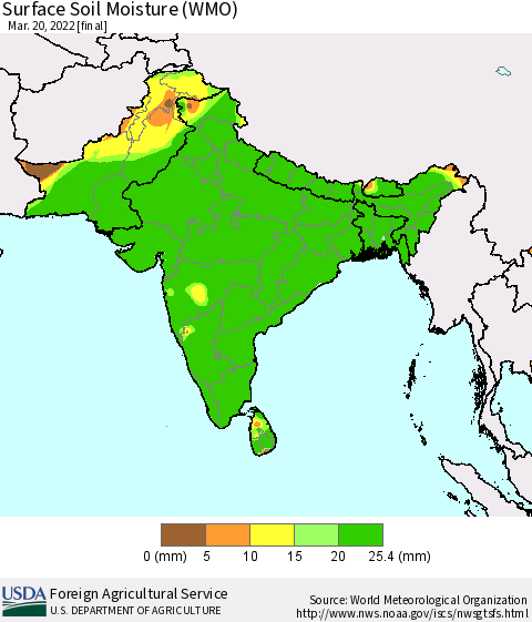 Southern Asia Surface Soil Moisture (WMO) Thematic Map For 3/14/2022 - 3/20/2022
