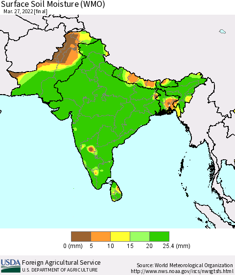 Southern Asia Surface Soil Moisture (WMO) Thematic Map For 3/21/2022 - 3/27/2022