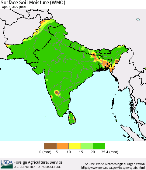 Southern Asia Surface Soil Moisture (WMO) Thematic Map For 3/28/2022 - 4/3/2022