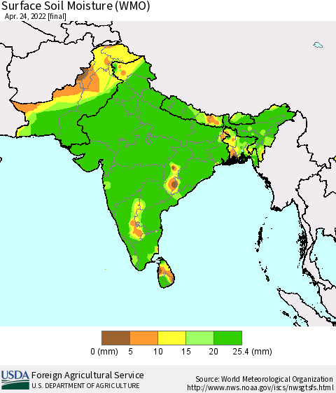 Southern Asia Surface Soil Moisture (WMO) Thematic Map For 4/18/2022 - 4/24/2022