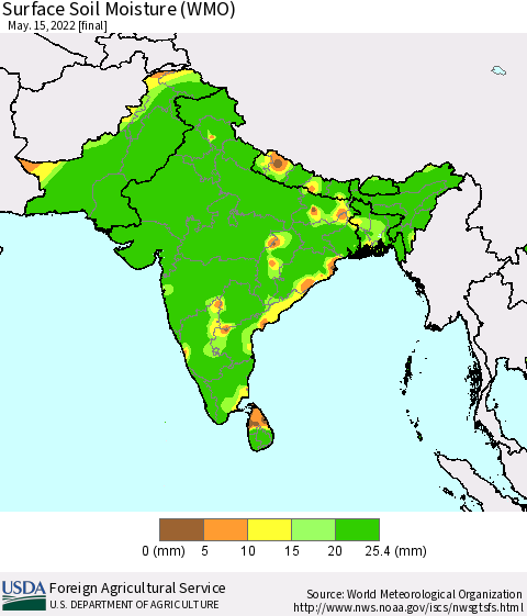 Southern Asia Surface Soil Moisture (WMO) Thematic Map For 5/9/2022 - 5/15/2022