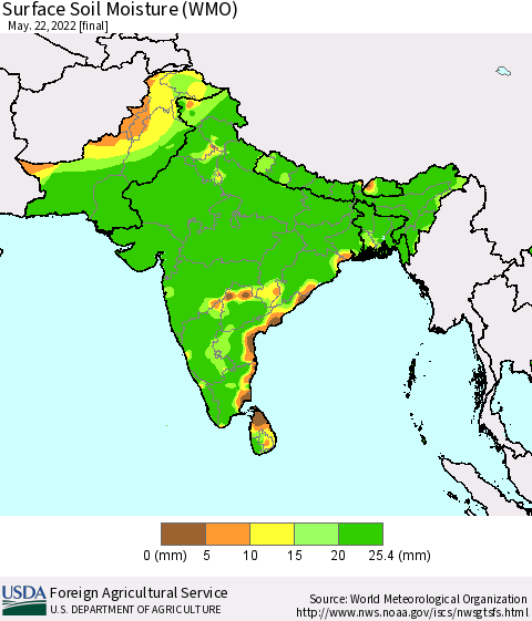 Southern Asia Surface Soil Moisture (WMO) Thematic Map For 5/16/2022 - 5/22/2022