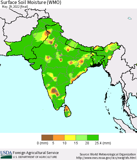 Southern Asia Surface Soil Moisture (WMO) Thematic Map For 5/23/2022 - 5/29/2022