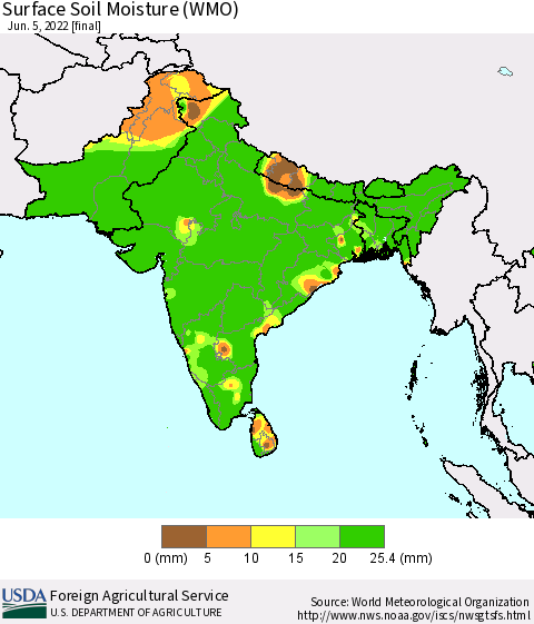 Southern Asia Surface Soil Moisture (WMO) Thematic Map For 5/30/2022 - 6/5/2022