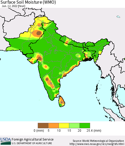 Southern Asia Surface Soil Moisture (WMO) Thematic Map For 6/6/2022 - 6/12/2022