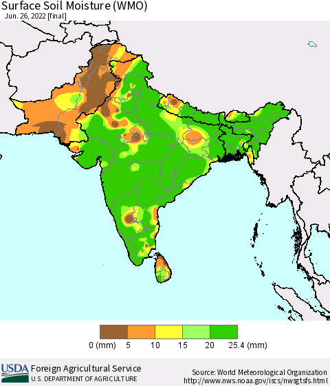 Southern Asia Surface Soil Moisture (WMO) Thematic Map For 6/20/2022 - 6/26/2022