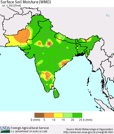Southern Asia Surface Soil Moisture (WMO) Thematic Map For 6/27/2022 - 7/3/2022