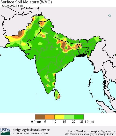 Southern Asia Surface Soil Moisture (WMO) Thematic Map For 7/4/2022 - 7/10/2022