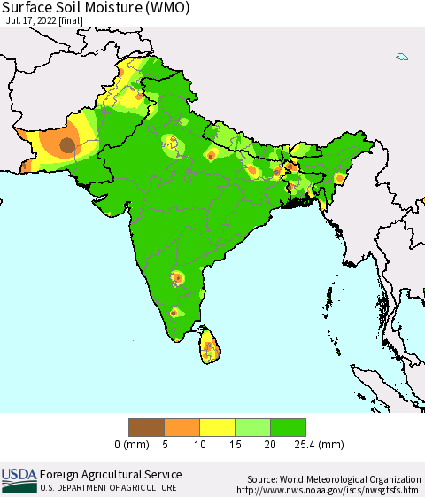 Southern Asia Surface Soil Moisture (WMO) Thematic Map For 7/11/2022 - 7/17/2022