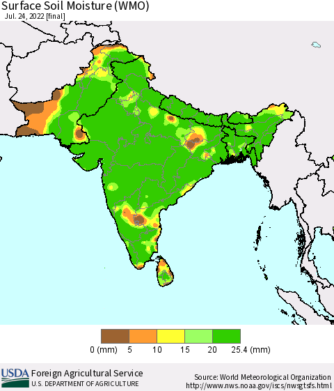 Southern Asia Surface Soil Moisture (WMO) Thematic Map For 7/18/2022 - 7/24/2022