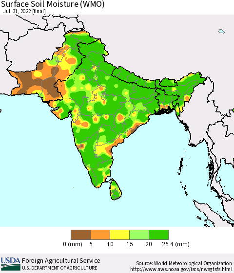 Southern Asia Surface Soil Moisture (WMO) Thematic Map For 7/25/2022 - 7/31/2022