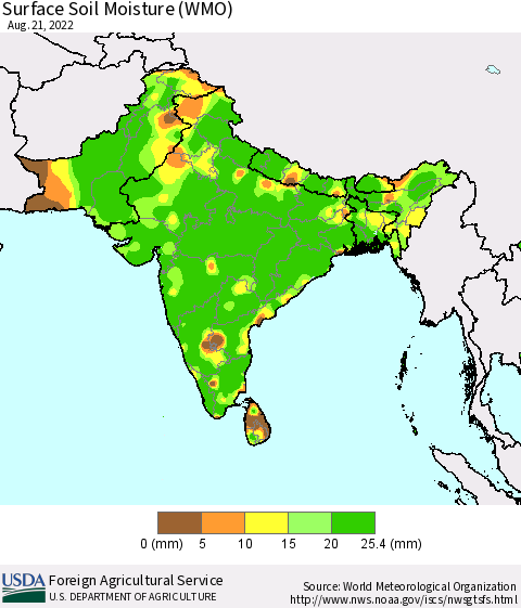 Southern Asia Surface Soil Moisture (WMO) Thematic Map For 8/15/2022 - 8/21/2022