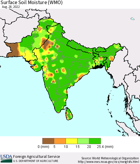 Southern Asia Surface Soil Moisture (WMO) Thematic Map For 8/22/2022 - 8/28/2022
