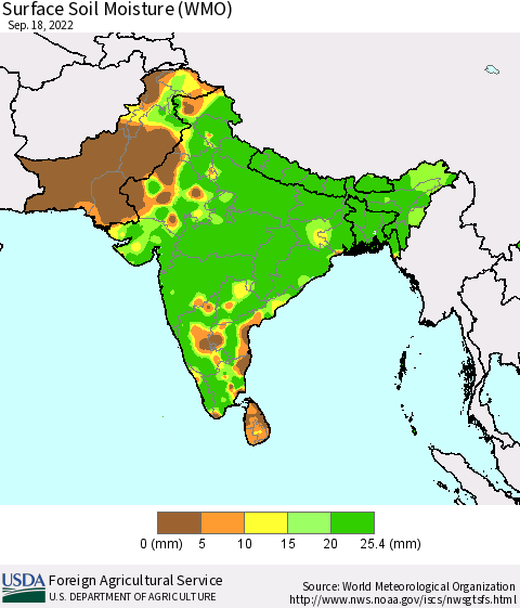 Southern Asia Surface Soil Moisture (WMO) Thematic Map For 9/12/2022 - 9/18/2022