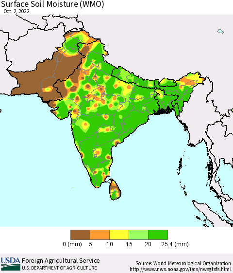 Southern Asia Surface Soil Moisture (WMO) Thematic Map For 9/26/2022 - 10/2/2022
