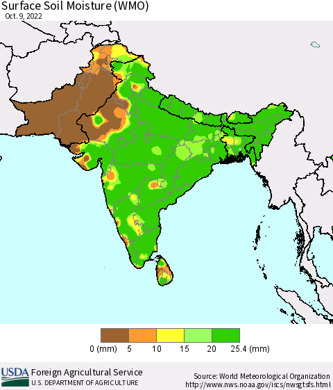 Southern Asia Surface Soil Moisture (WMO) Thematic Map For 10/3/2022 - 10/9/2022