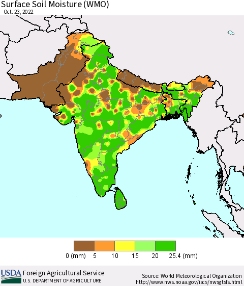 Southern Asia Surface Soil Moisture (WMO) Thematic Map For 10/17/2022 - 10/23/2022