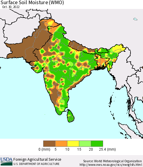 Southern Asia Surface Soil Moisture (WMO) Thematic Map For 10/24/2022 - 10/30/2022