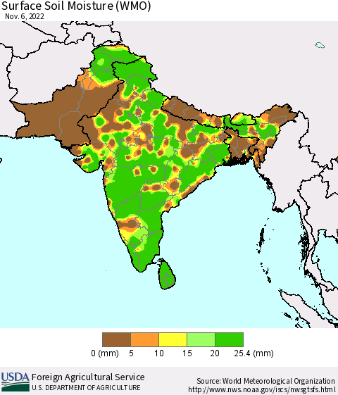 Southern Asia Surface Soil Moisture (WMO) Thematic Map For 10/31/2022 - 11/6/2022