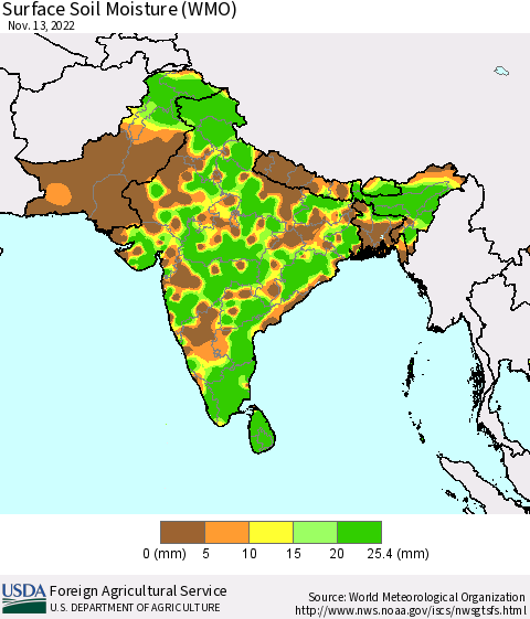 Southern Asia Surface Soil Moisture (WMO) Thematic Map For 11/7/2022 - 11/13/2022